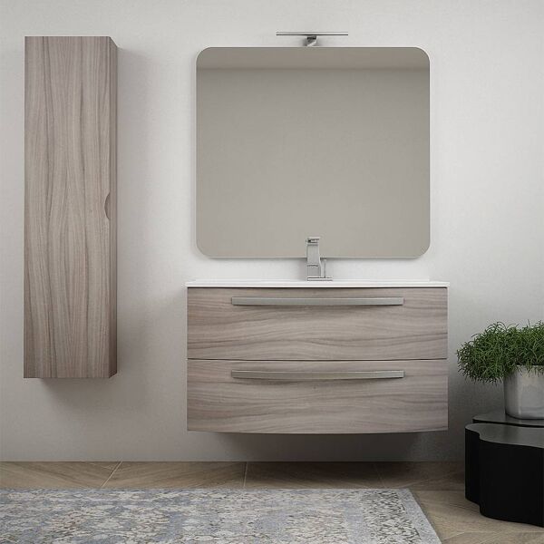 bh mobile bagno sospeso moderno 100 cm larice curvo con lavabo ceramica specchio e colonna mod. berlino