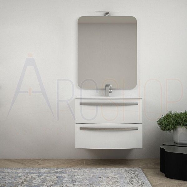 bh mobile bagno curvo da 75 cm sospeso bianco lucido con lavabo in ceramica e specchio mod. berlino