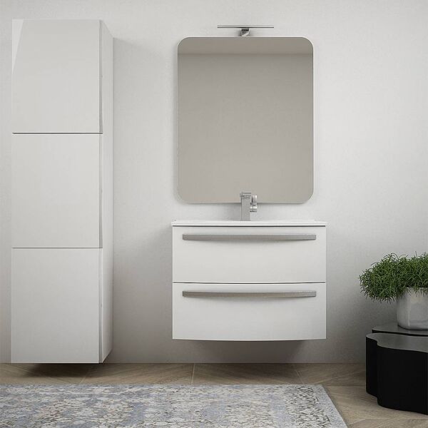 bh mobile bagno bianco lucido sospeso 75 cm curvo con colonna 170 cm specchio e lavabo in ceramica mod. berlino