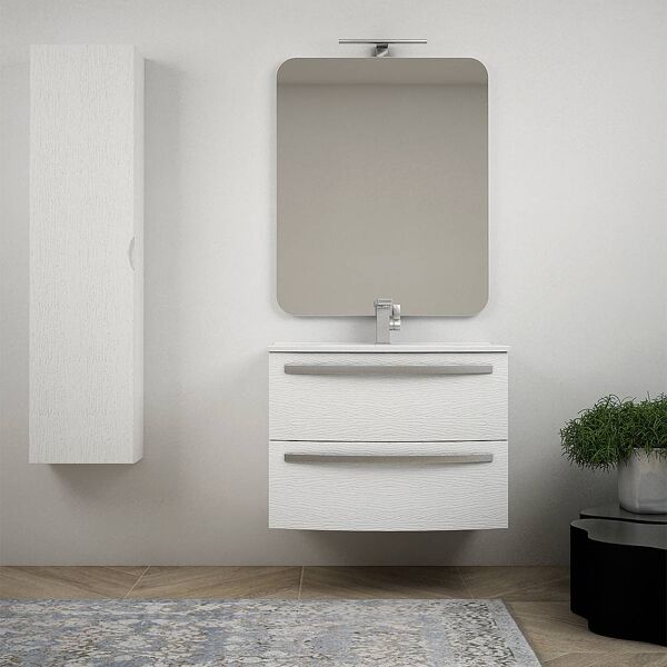 bh composizione bagno 75 cm sospesa curva frassino bianco con lavabo in ceramica colonna 140 cm e specchio mod. berlino