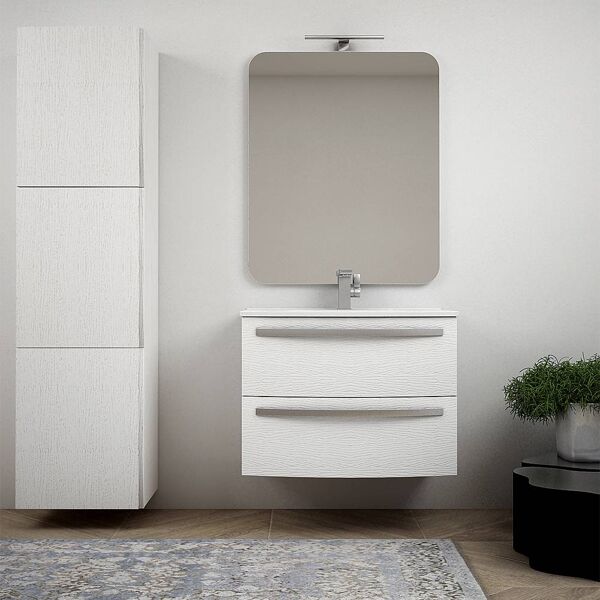 bh mobile bagno sospeso moderno curvo bianco frassino 75 cm con specchio lavabo di ceramica e colonna da 170 cm mod. berlino