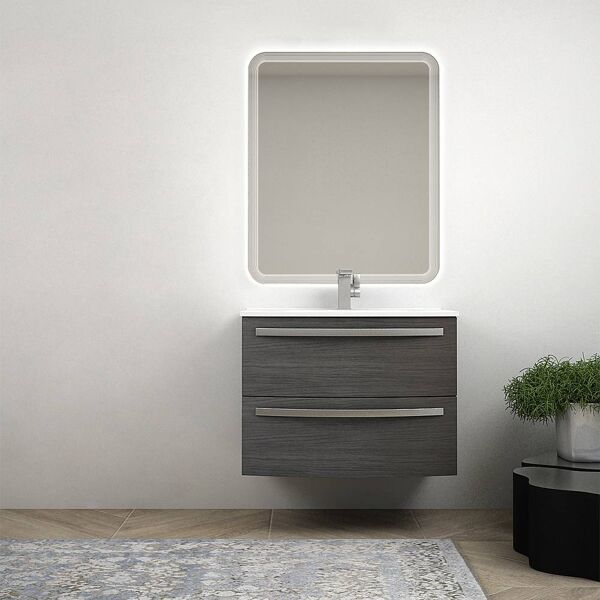 bh mobile bagno sospeso moderno 75 cm a cassettoni curvi grigio scuro venato con specchio led e lavabo ceramica mod. berlino