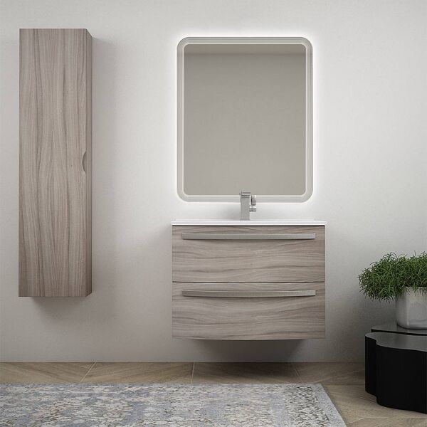 bh moderno mobile bagno sospeso curvo 75 cm larice lavabo ceramica specchio led e colonna 140 cm mod. berlino