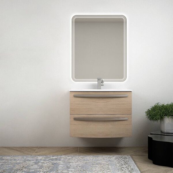 bh mobile bagno sospeso 75 cm curvo rovere tabacco specchio led e lavabo ceramica serie berlino