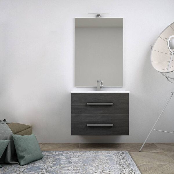 bh mobile bagno sospeso moderno 75 cm grigio scuro venato con chiusure soft close specchiera e lampada led