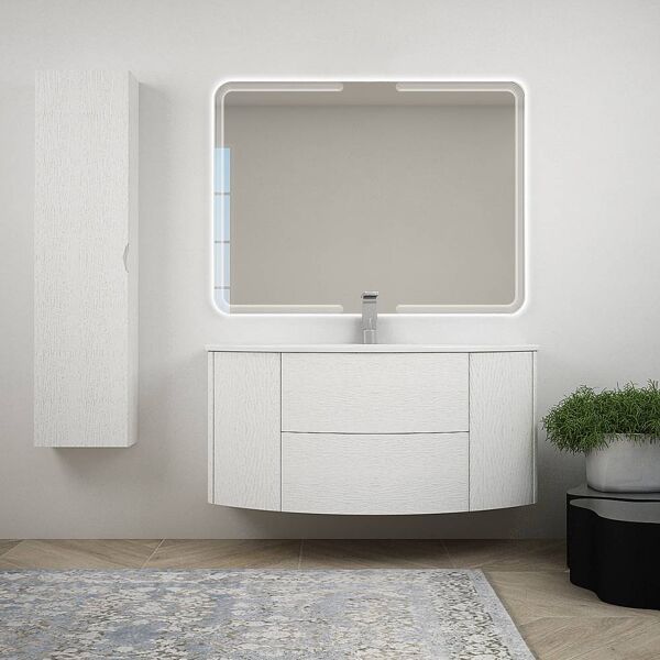 bh composizione bagno sospeso bianco frassino 120 cm con cassettoni soft close colonna e specchio led