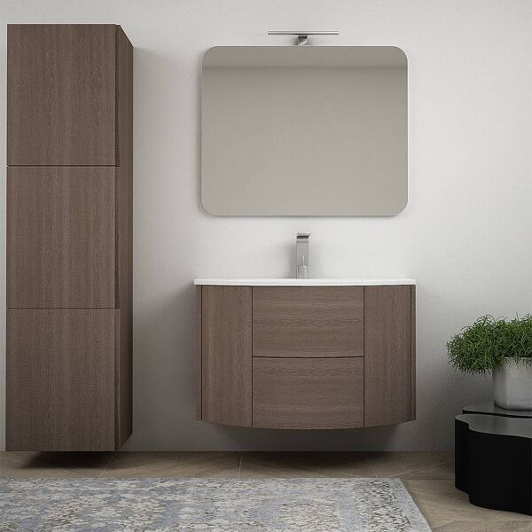 bh mobile bagno sospeso rovere scuro 90 cm con grande colonna specchio lampada led e cassettoni soft close