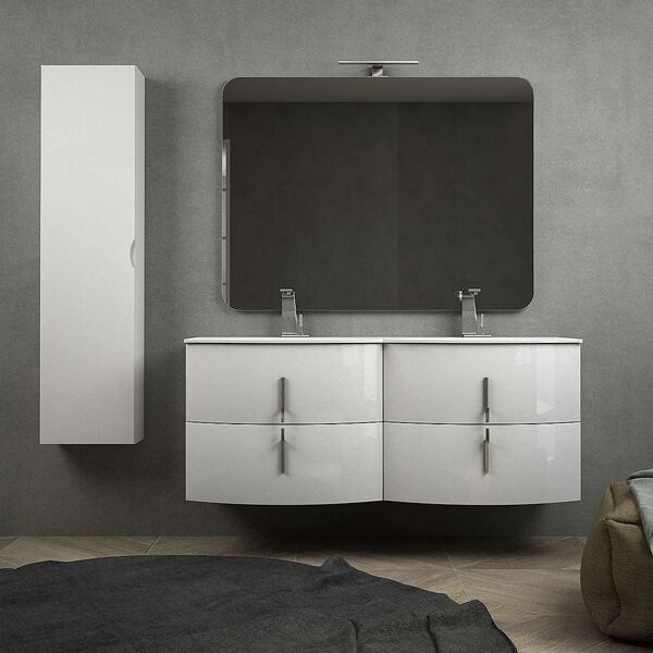 bh mobile bagno doppio lavabo 140 cm bianco lucido sospeso con chiusure soft close specchio applique led e colonna