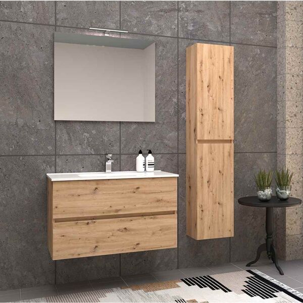 arcdesign selection mobile bagno con colonna e specchio 90 cm sospeso rovere nodato