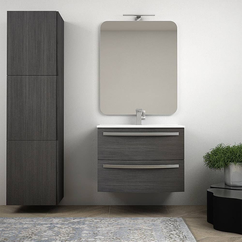 bh mobile bagno moderno sospeso curvo 75 cm grigio scuro venato specchio lavabo ceramica e colonna 170 cm serie berlino