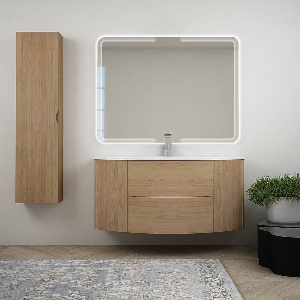 bh mobile da bagno sospeso rovere tabacco 120 cm con specchiera retroilluminato led cassettoni soft close e colonna