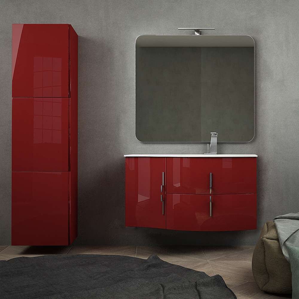 bh mobile bagno sospeso moderno ad onda rosso lucido 105 cm con chiusure soft close colonna 170 cm specchio e lampada led (versione destra)