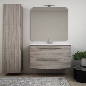 Bh Mobile Bagno Curvo Sospeso 100 Cm Larice Con Lavabo Ceramica Specchio E Colonna Mod. Berlino