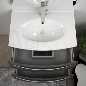 BH Mobile bagno moderno sospeso curvo 75 cm grigio scuro venato specchio lavabo ceramica e colonna 170 cm Serie Berlino