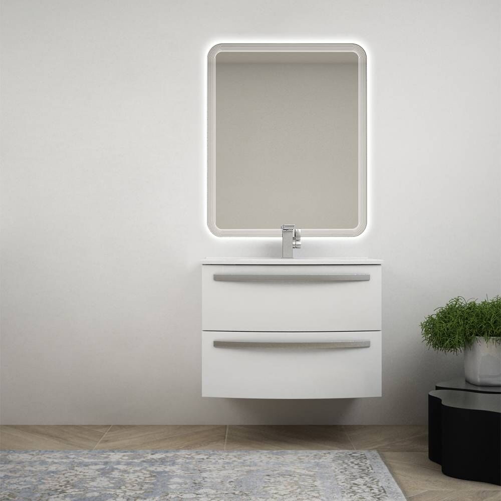 BH Composizione mobile bagno bianco lucido sospeso curvo 75 cm lavabo in ceramica e specchio retroilluminato Mod. Berlino