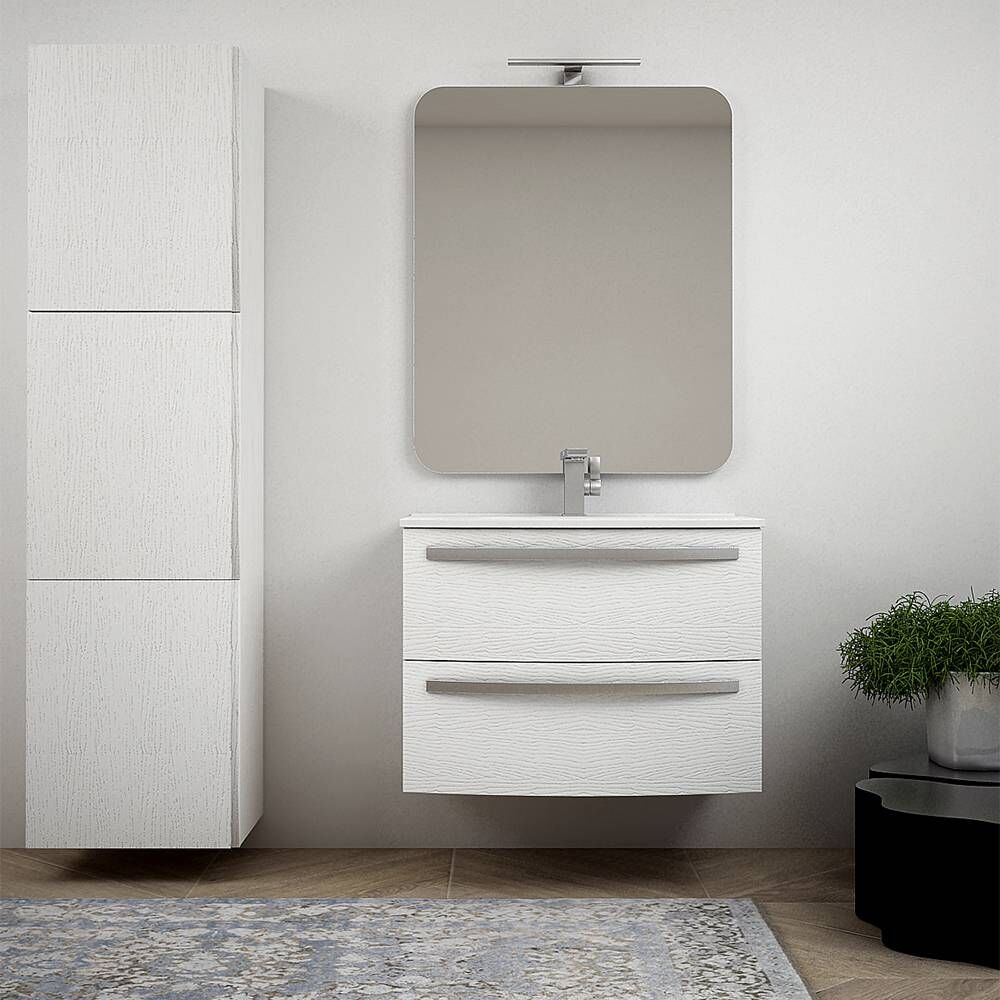 BH Mobile bagno sospeso moderno curvo bianco frassino 75 cm con specchio lavabo di ceramica e colonna da 170 cm Mod. Berlino