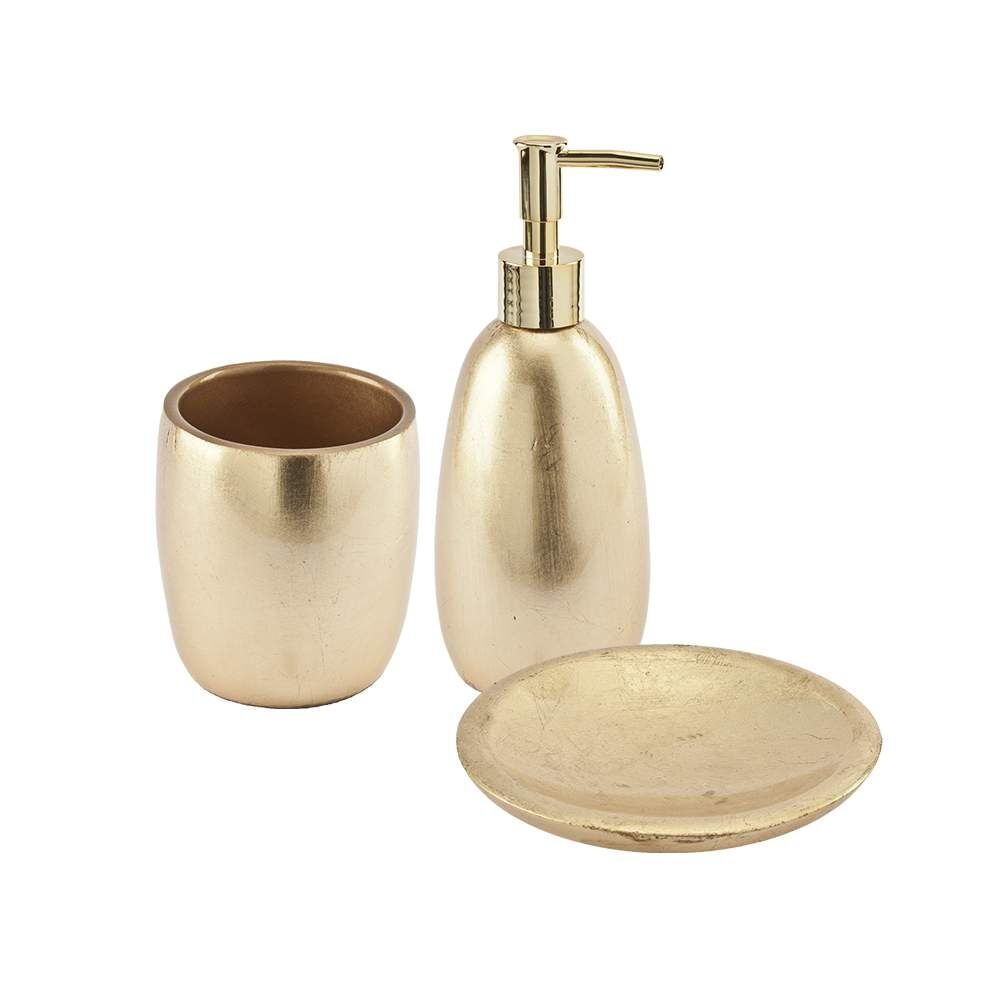 CipÃ¬ Set accessori bagno da appoggio 3 pezzi Dispenser Bicchiere e Porta sapone finitura foglia oro