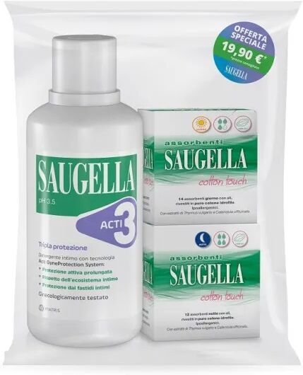 Saugella Detergente Intimo Acti3 500ml + Assorbenti Giorno 14 Pezzi + Notte 12 Pezzi