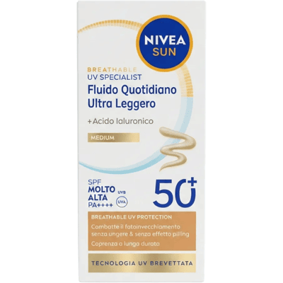 Nivea Sun Breath UV Specific Colore Medium SPF50+ 40 ml Fluido Viso per Contrastare il Fotoinvecchiamento Nivea Sun Breath UV Specific Colore Medium SPF50+ 40 ml Fluido Viso per Contrastare il Fotoinvecchiamento