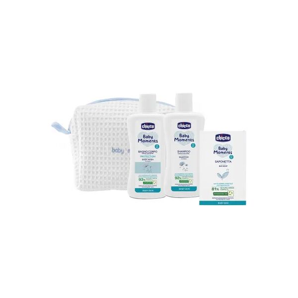 chicco cofanetto baby moments beauty bag azzurro pelli delicate bagnoschiuma + shampoo + sapone solido