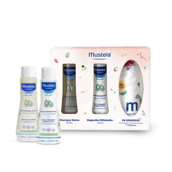 mustela cofanetto bagnetto turbante + shampoo dolce 200 ml + bagnetto millebolle 200 ml