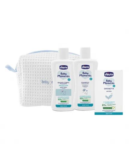 Chicco Cofanetto Baby Moments Beauty Bag Azzurro Pelli Delicate Bagnoschiuma + Shampoo + Sapone Solido