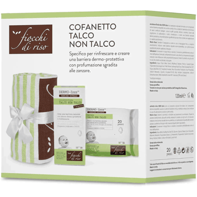 Fiocchi di Riso Cofanetto Talco Non Talco Emulsione 120 ml + 20 Salviette Azione Dermo-protettiva Rinfrescante Fiocchi di Riso Cofanetto Talco Non Talco Emulsione 120 ml + 20 Salviette Azione Dermo-protettiva Rinfrescante
