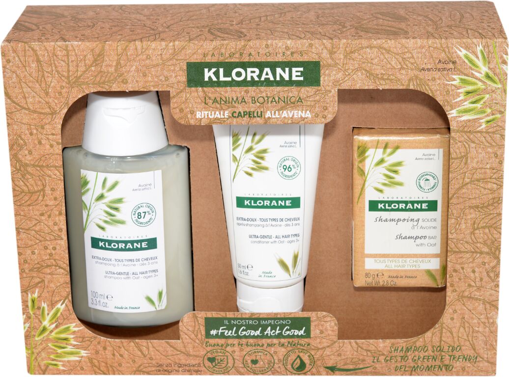 klorane cofanetto avena con shampoo 100 ml + balsamo 50 ml + shampoo solido 80 g