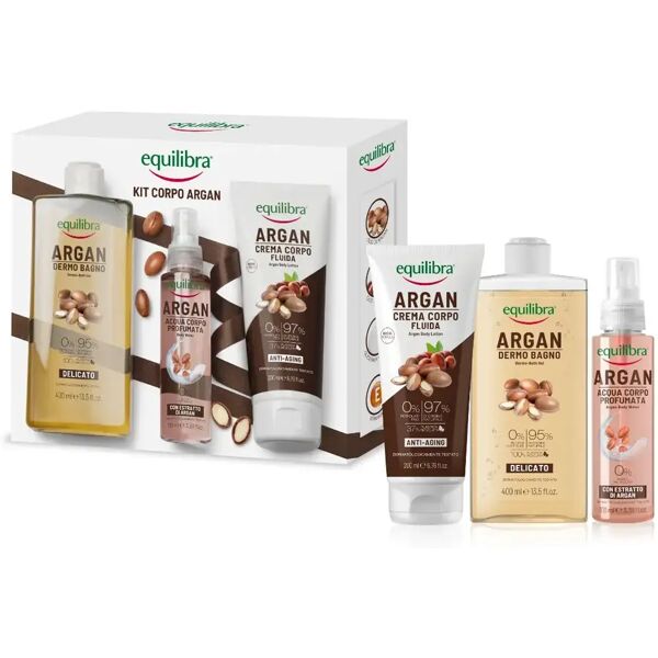 equilibra kit corpo argan dermo bagno + acqua profumata + crema corpo fluida antietà