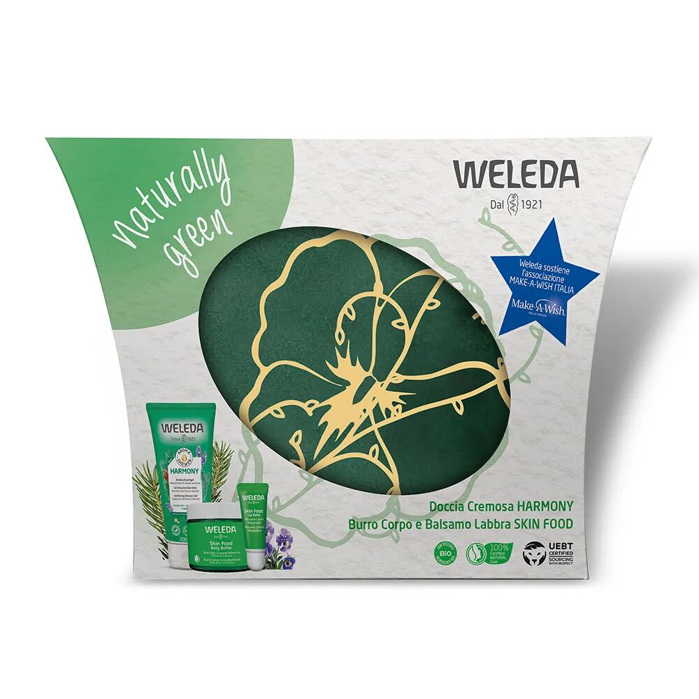 weleda cofanetto naturally green crema doccia + burro corpo + balsamo labbra