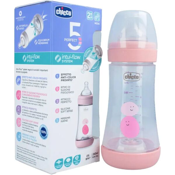 chicco biberon perfect 5 +2 m flusso medio in silicone girl 240 ml