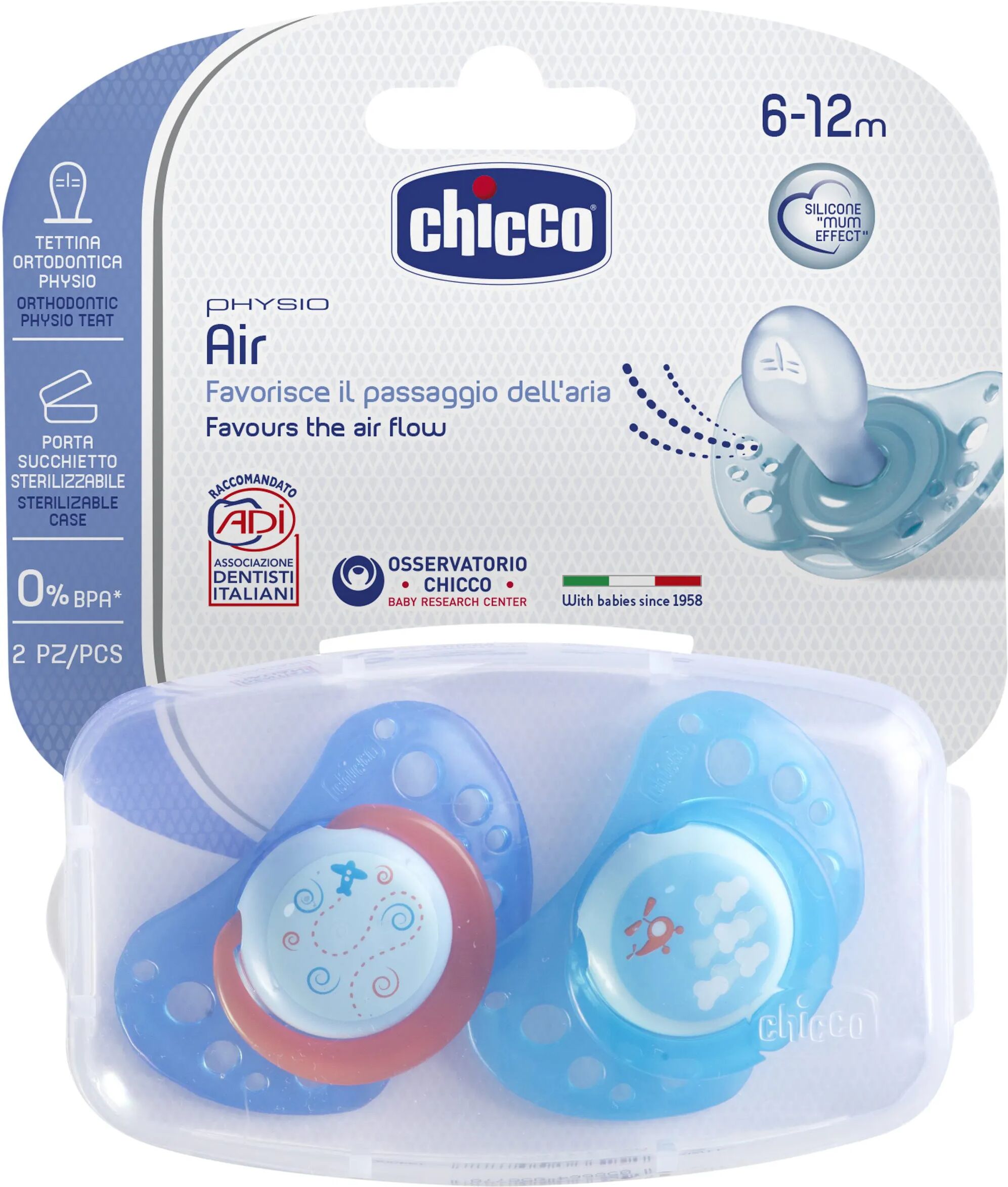 Chicco Succhietto Air Silicone Boy 6-12m 2 Pezzi