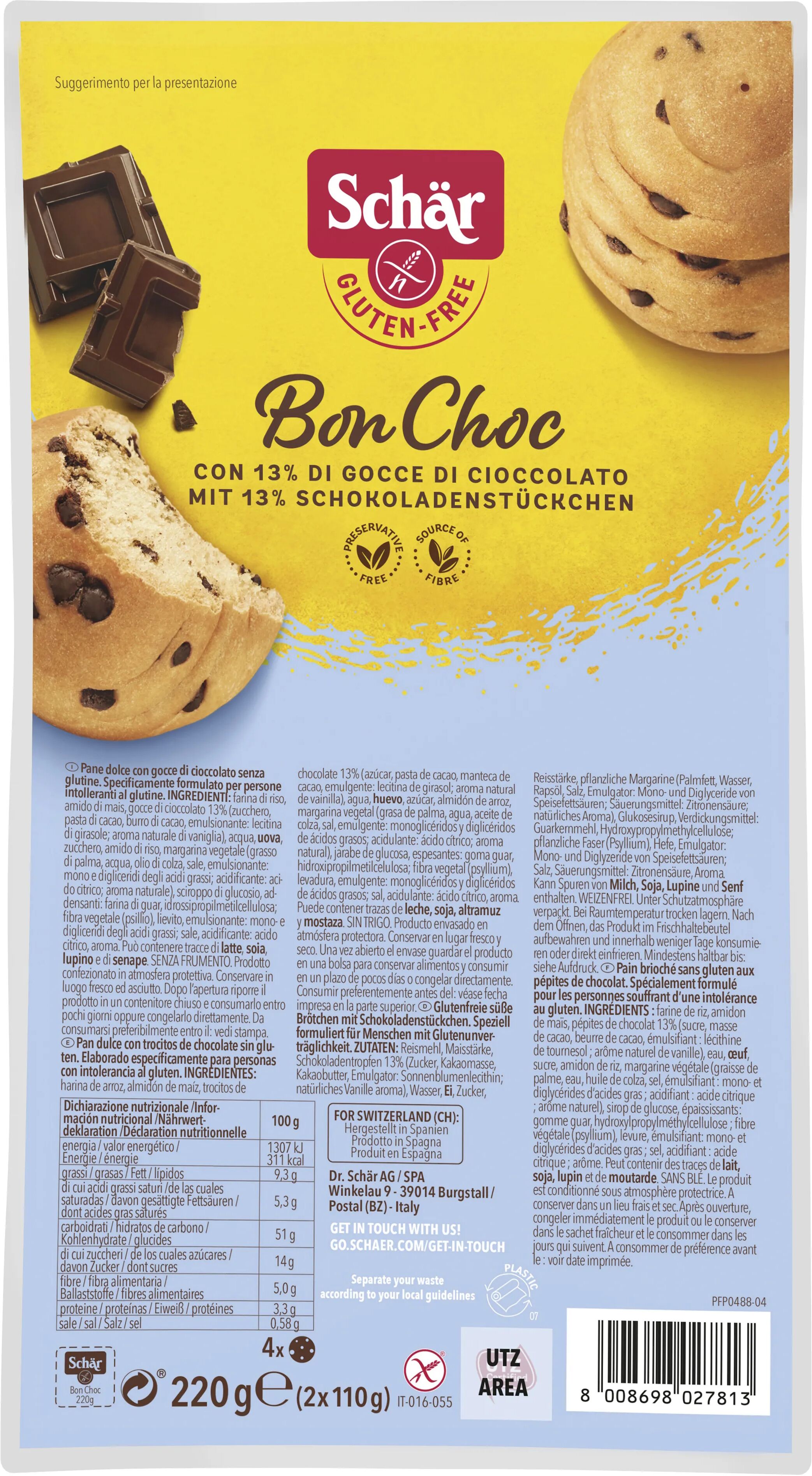 Schar Bon Choc Panini Dolci Con Gocce di Cioccolato Senza Glutine 4x55 g