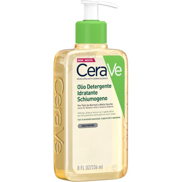 cerave olio detergente idratante deterge, idrata e lenisce. con 3 ceramidi essenziali, trigliceridi e squalene da olio di origine vegetale. 236 ml