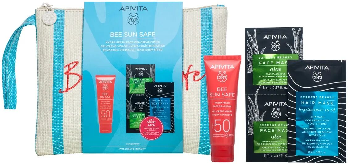 apivita bee sun safe promo crema gel hydra fresh spf50 50 ml + face mask aloe 2x8 ml + hair mask hyaluronic acid 20 ml