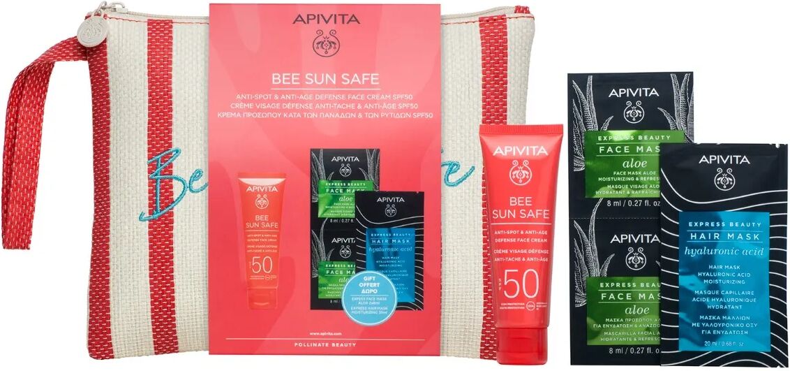 apivita bee sun safe promo crema viso spf50 anti-macchia 50 ml + face mask aloe 2x8 ml + hair mask hyaluronic acid 20 ml