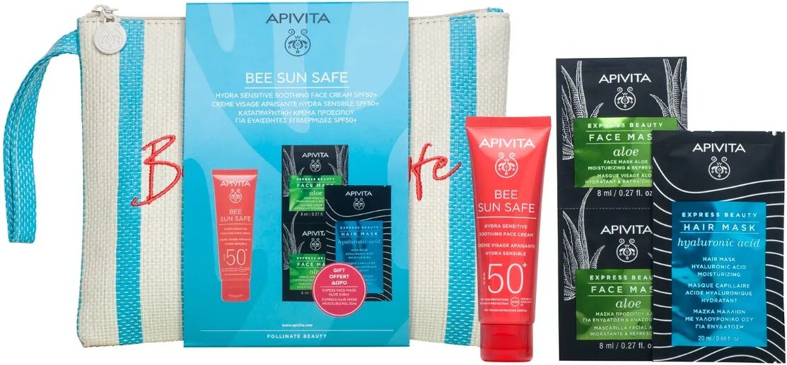 apivita be sun safe promo crema viso hydra sensitive spf50+ 50 ml + face mask aloe 2x8 ml + hair mask hyaluronic acid 20 ml