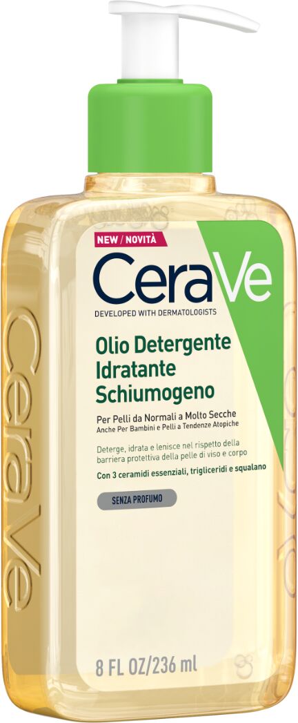 cerave olio detergente idratante deterge, idrata e lenisce. con 3 ceramidi essenziali, trigliceridi e squalene da olio di origine vegetale. 236 ml