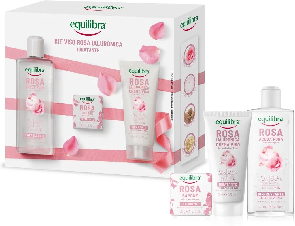 equilibra kit viso rosa ialuronica idratante crema viso + acqua pura rinfrescante + sapone detergente