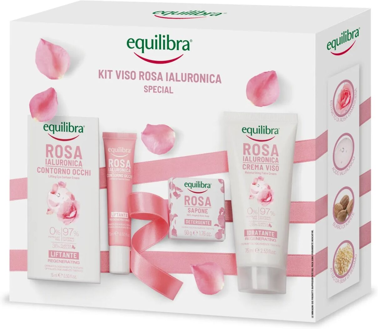 equilibra kit viso rosa ialuronica special crema contorno occhi + sapone detergente vegetale + crema viso idratante