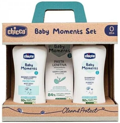 chicco baby moments set bagnoschiuma 200ml + shampoo 200ml + pasta cambio 100ml