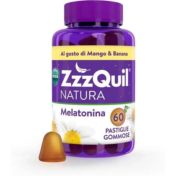 zzzquil natura melatonina integratore per dormire, gusto mango e banana, con valeriana, camomilla, vitamina b6 e estratti alle erbe 60 gommose