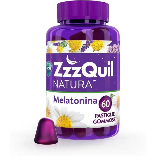 zzzquil natura , melatonina, integratore per dormire, con melatonina pura ed estratti di valeriana, camomilla e lavanda, 60 pastiglie gommose