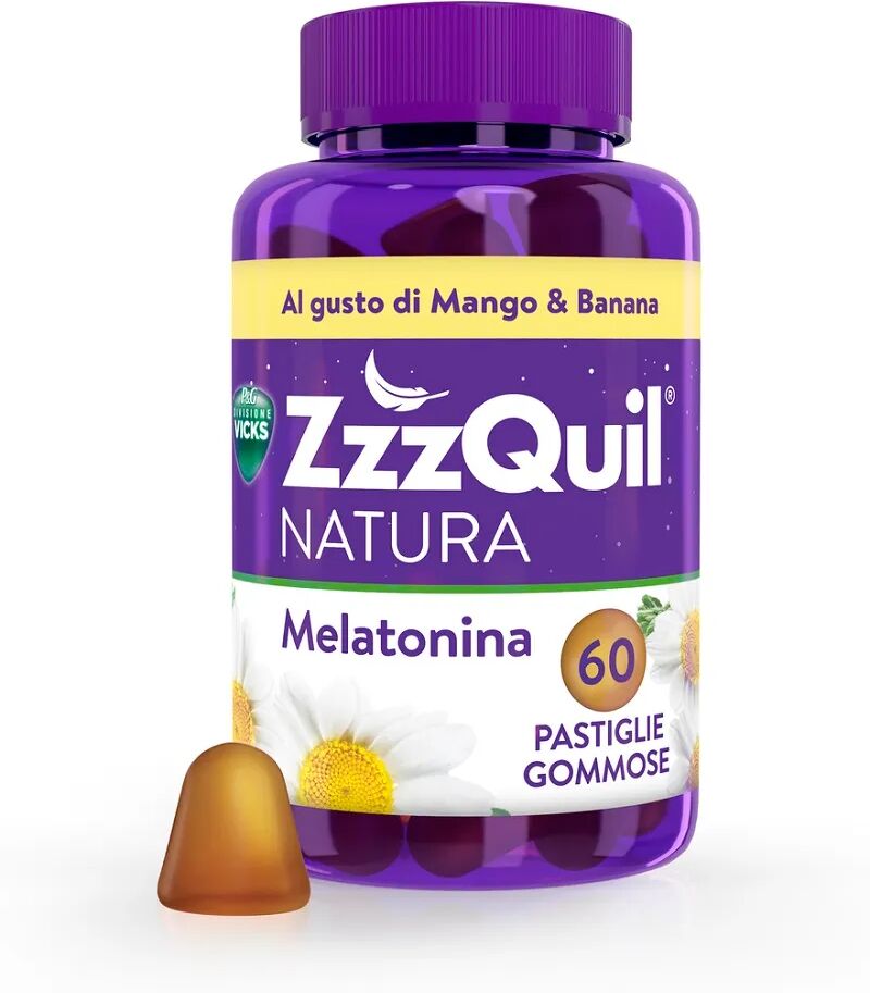 zzzquil natura melatonina integratore per dormire, gusto mango e banana, con valeriana, camomilla, vitamina b6 e estratti alle erbe 60 gommose