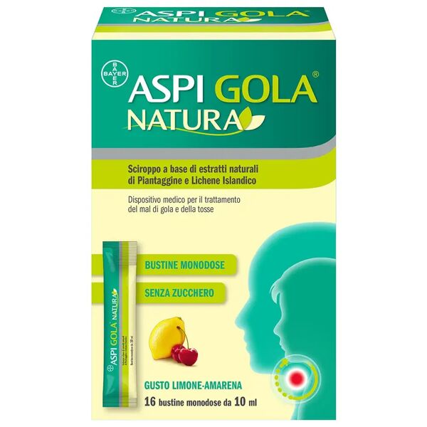 aspi gola natura sciroppo con estratti naturali per mal di gola e tosse gusto limone e amarena 16 bustine 10ml