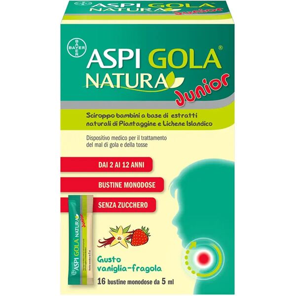 aspi gola natura junior sciroppo per bambini per mal di gola e tosse gusto vaniglia e fragola 16 bustine da 5ml