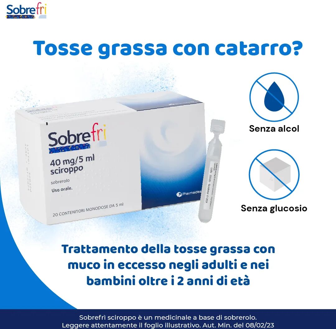 sobre fri sciroppo mucolitico tosse grassa senza zucchero 2 anni+ 20 flaconcini 40 mg/5 ml