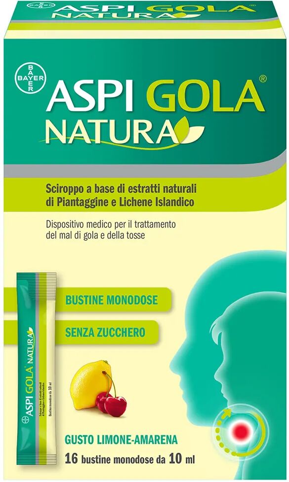 aspi gola natura sciroppo con estratti naturali per mal di gola e tosse gusto limone e amarena 16 bustine 10ml