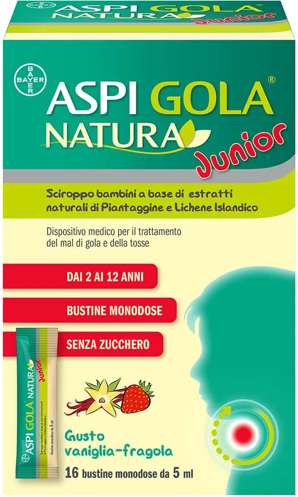 aspi gola natura junior sciroppo per bambini per mal di gola e tosse gusto vaniglia e fragola 16 bustine da 5ml