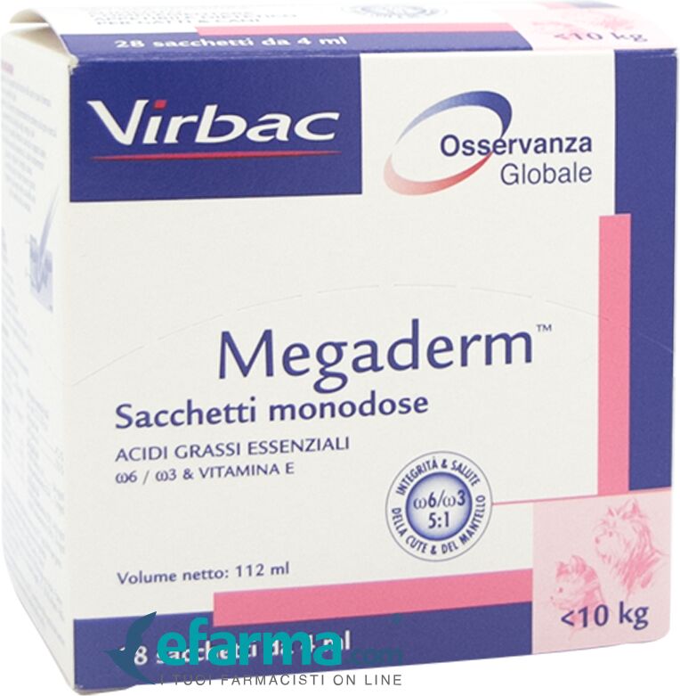 virbac megaderm supplemento nutrizionale cani e gatti -10 kg 32 sacchetti da 4 ml